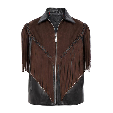 Black Leather Cowboy Vest with Brown Suede Fringe Detailing