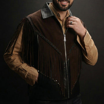 Black Leather Cowboy Vest with Brown Suede Fringe Detailing