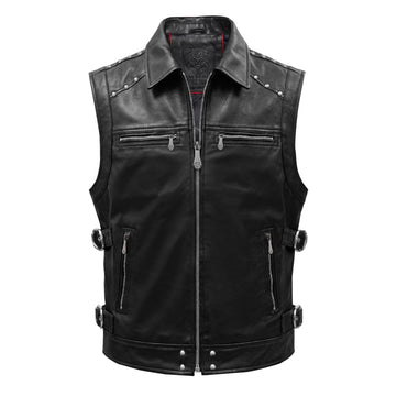 Black Studded Leather Vest with Side Buckles