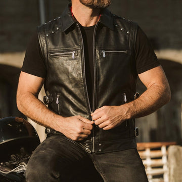 Black Studded Leather Vest with Side Buckles