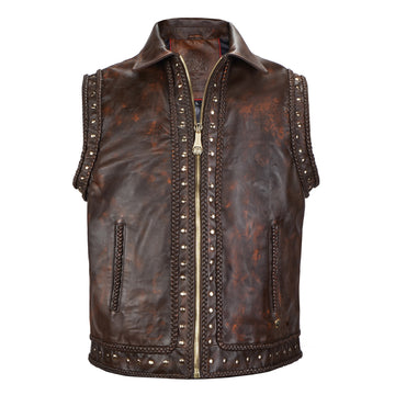 Rustic Brown Leather Vest with Studs, Braids & Vintage Finish