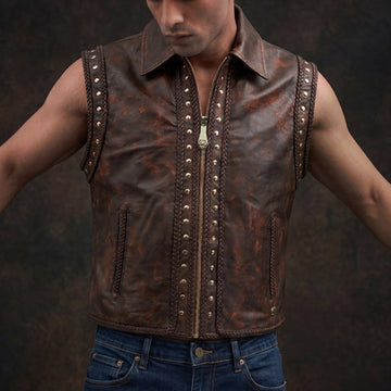 Rustic Brown Leather Vest with Studs, Braids & Vintage Finish