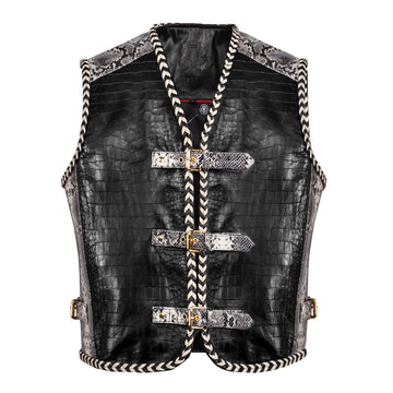 Black Leather Vest with Croco Embossed & Snake Print Buckle Straps