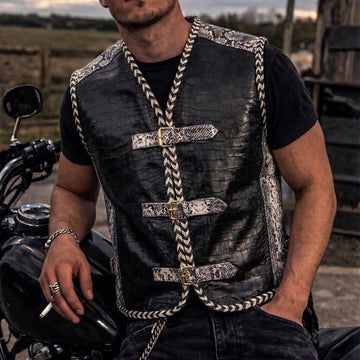 Black Leather Vest with Croco Embossed & Snake Print Buckle Straps