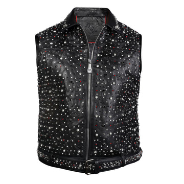Premium Black Leather Crystal Embellished Vest