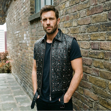 Premium Black Leather Crystal Embellished Vest