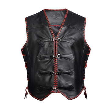 Black Leather Statement Vest with Red Stitch Accents
