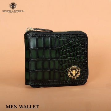 Zip Closure Wallet with Smoky Green Deep Cut Croco Textured Leather