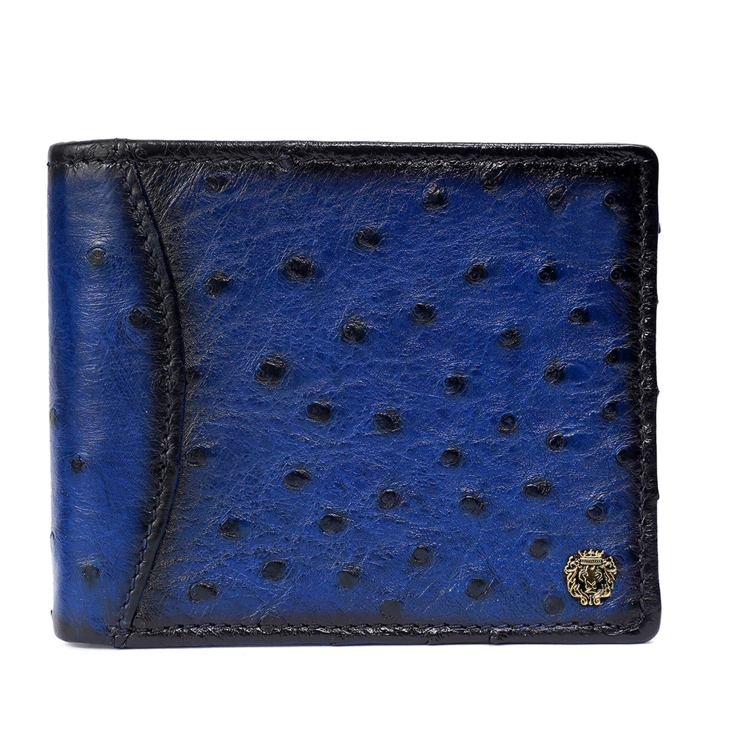 Dual Tone Blue Ostrich Leather With Golden Lion Logo Wallet
