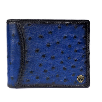 Dual Tone Blue Ostrich Leather With Golden Lion Logo Wallet