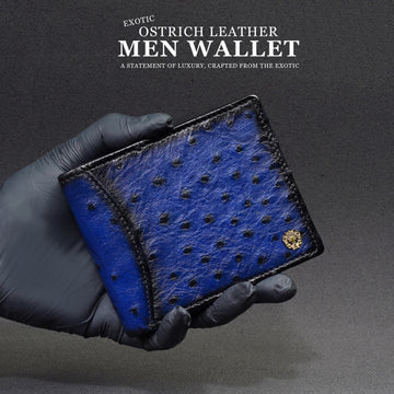 Dual Tone Blue Ostrich Leather With Golden Lion Logo Wallet
