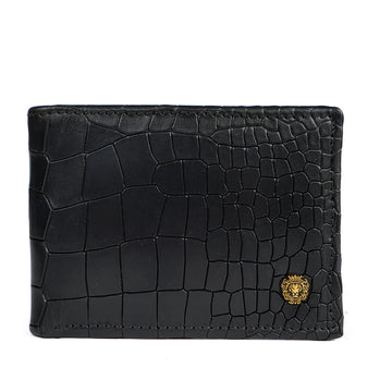 Luxurious Men's Bi-Fold Wallet Black Croco Textured Leather