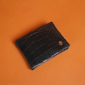 Luxurious Men's Bi-Fold Wallet Black Croco Textured Leather