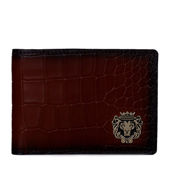 Espresso Bi-Fold Wallet in Croco Textured Leather with Metal Lion Logo