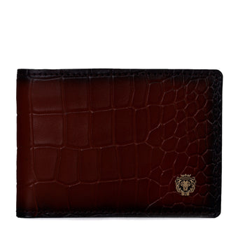 Espresso Bi-Fold Wallet in Croco Textured Leather with Metal Lion Logo