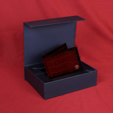 Espresso Bi-Fold Wallet in Croco Textured Leather with Metal Lion Logo