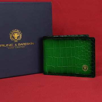 Green Bi-Fold Wallet in Deep Cut Croco Textured Leather