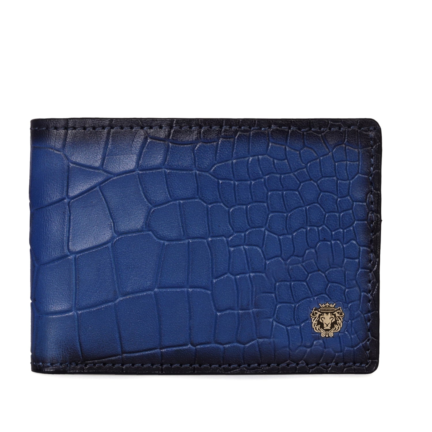 Blue Bi-Fold Wallet in Deep Cut Croco Textured Leather
