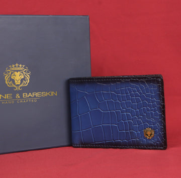 Blue Bi-Fold Wallet in Deep Cut Croco Textured Leather