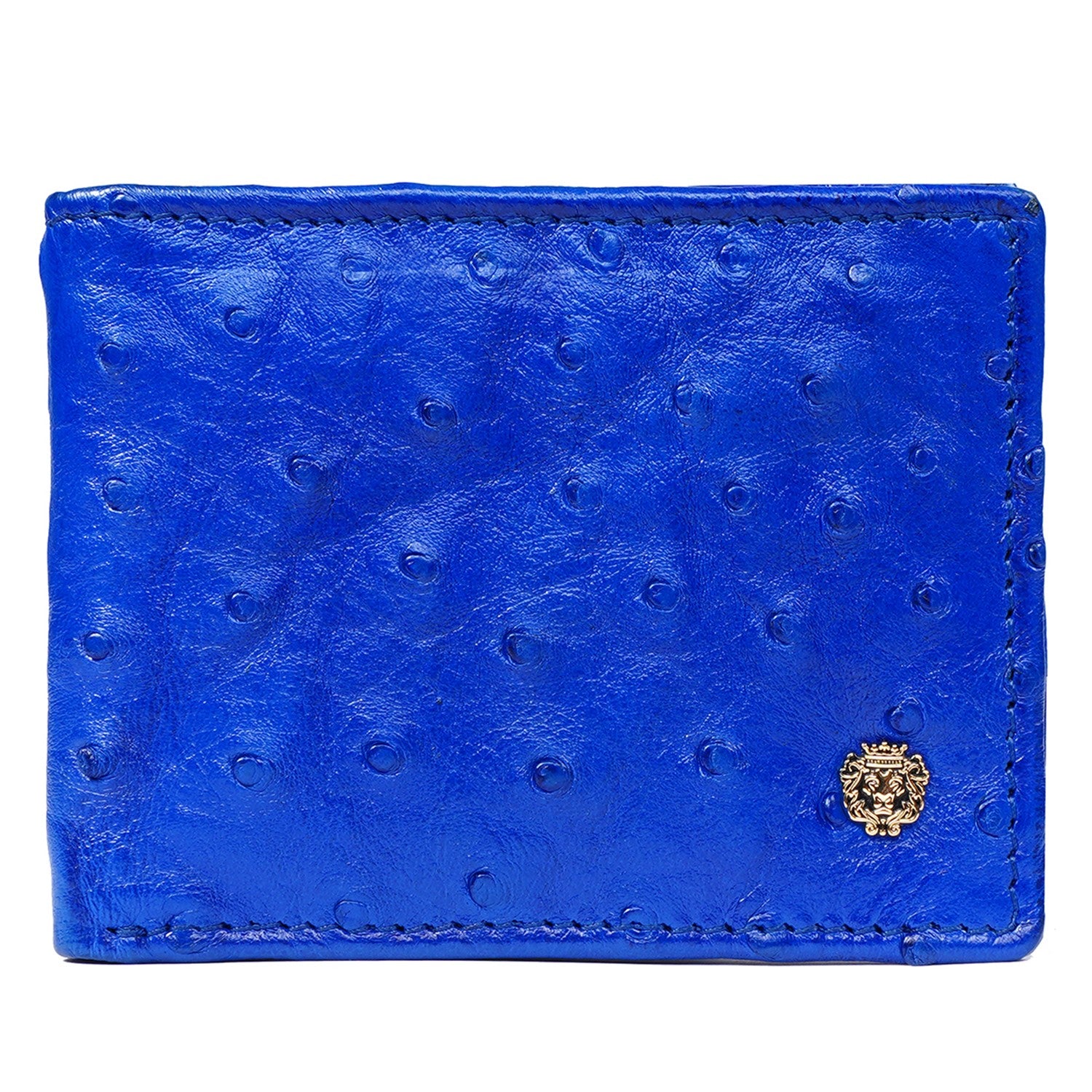 Blue Ostrich Leather With Golden Lion Logo Wallet