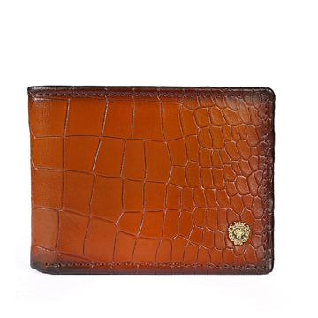 Men's Tan Bi-Fold Wallet in Deep Cut Croco Textured Leather