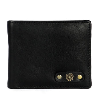 Multi Slot Riveted Lion Logo Black Leather Bi-Fold Wallet For Men's By Brune & Bareskin