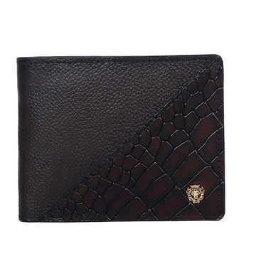 Silhouette Design Dark Brown Textured And Cut Croco Print Leather Bi-Fold Wallet
