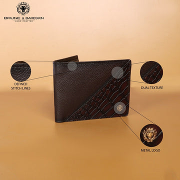 Silhouette Design Dark Brown Textured And Cut Croco Print Leather Bi-Fold Wallet