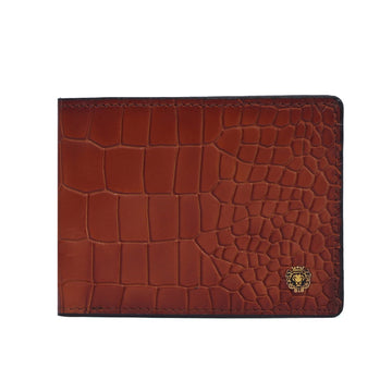 Men's Bi-Fold Wallet Deep Cut Croco Textured Tan Leather