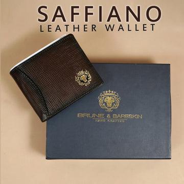 Dark Brown Bi-Fold Wallet in Textured Saffiano Leather