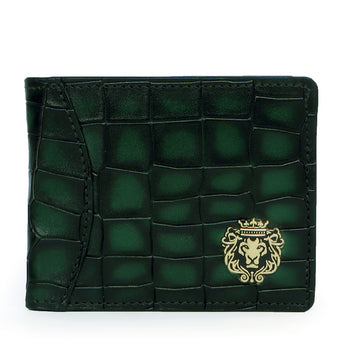 Men's Bi-Fold Wallet with Smoky Green Deep Cut Croco Textured Leather