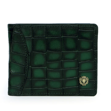 Men's Bi-Fold Wallet with Smoky Green Deep Cut Croco Textured Leather