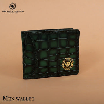 Men's Bi-Fold Wallet with Smoky Green Deep Cut Croco Textured Leather