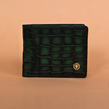 Men's Bi-Fold Wallet with Smoky Green Deep Cut Croco Textured Leather