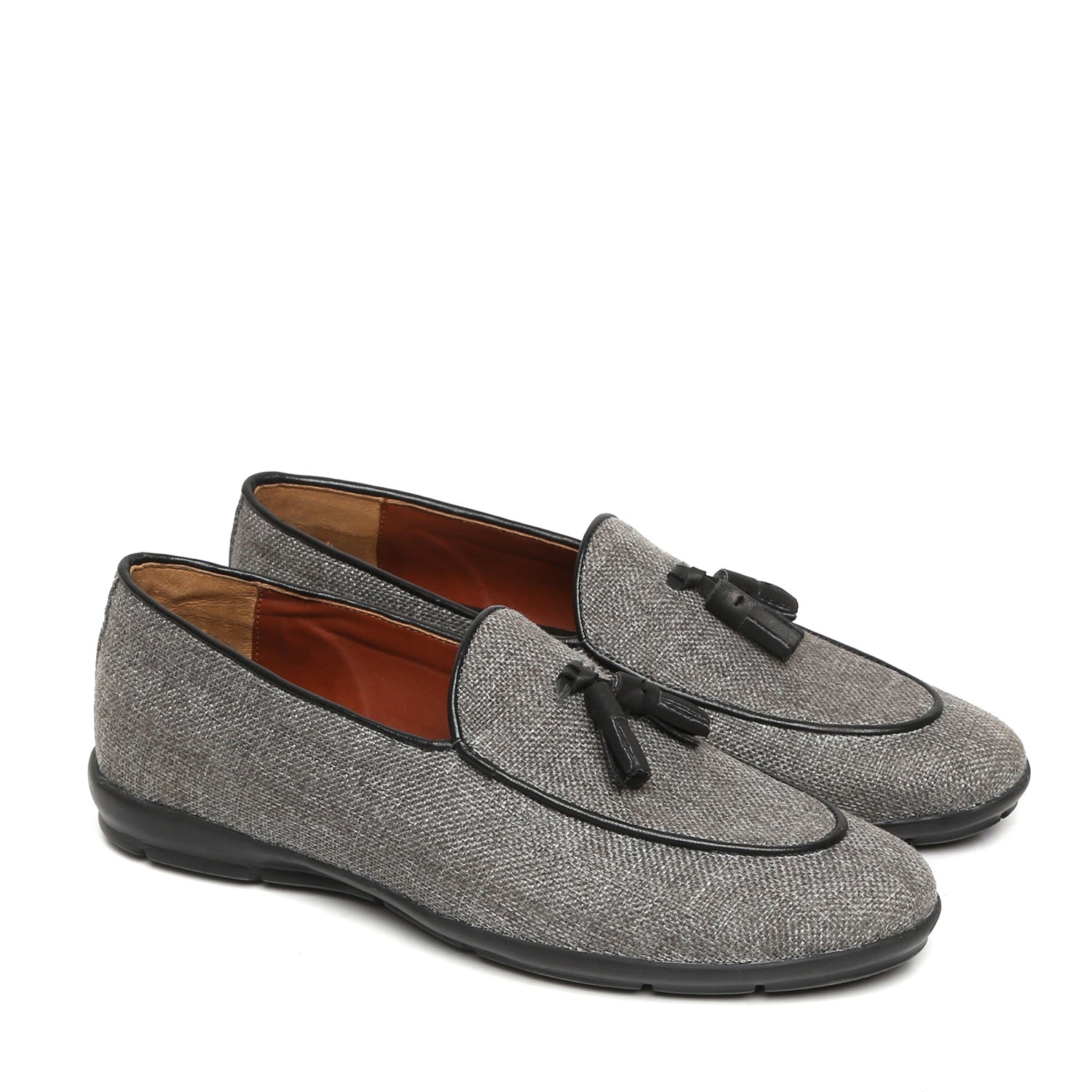 Grey Jute Apron Toe Tassel Slip-On Shoes