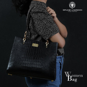 Medium Sized Hand Bag In Croco Deep Cut Textured Black Leather