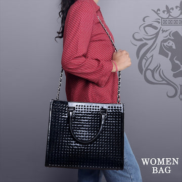 Studded Medium Sized Handbag in Black Patent Leather
