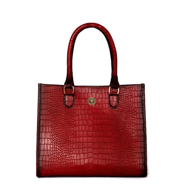 Medium Sized Hand Bag In Wine Croco Textured Leather