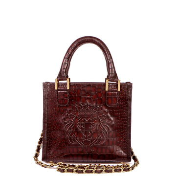 Small Size Hand Bag with Embossed Lion Smoky Wine Croco Deep Cut Textured Leather