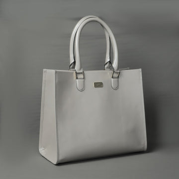 Large Beige Hand Bag In Square Shape with Patent Leather