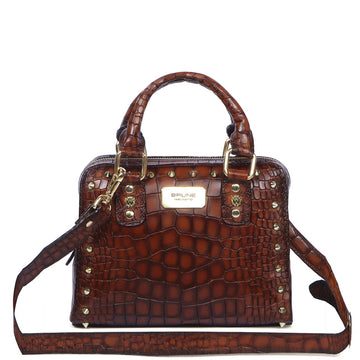 Smokey Tan Ladies Handbag with Golden Studs & Removable Strap in Deep Cut Leather