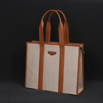 Two Tone Tote bag In Tan-Beige Leather Large Size