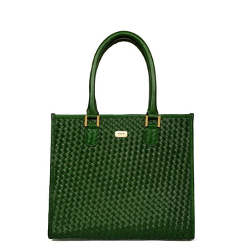 Woven Detailing Green Genuine Leather Handbag
