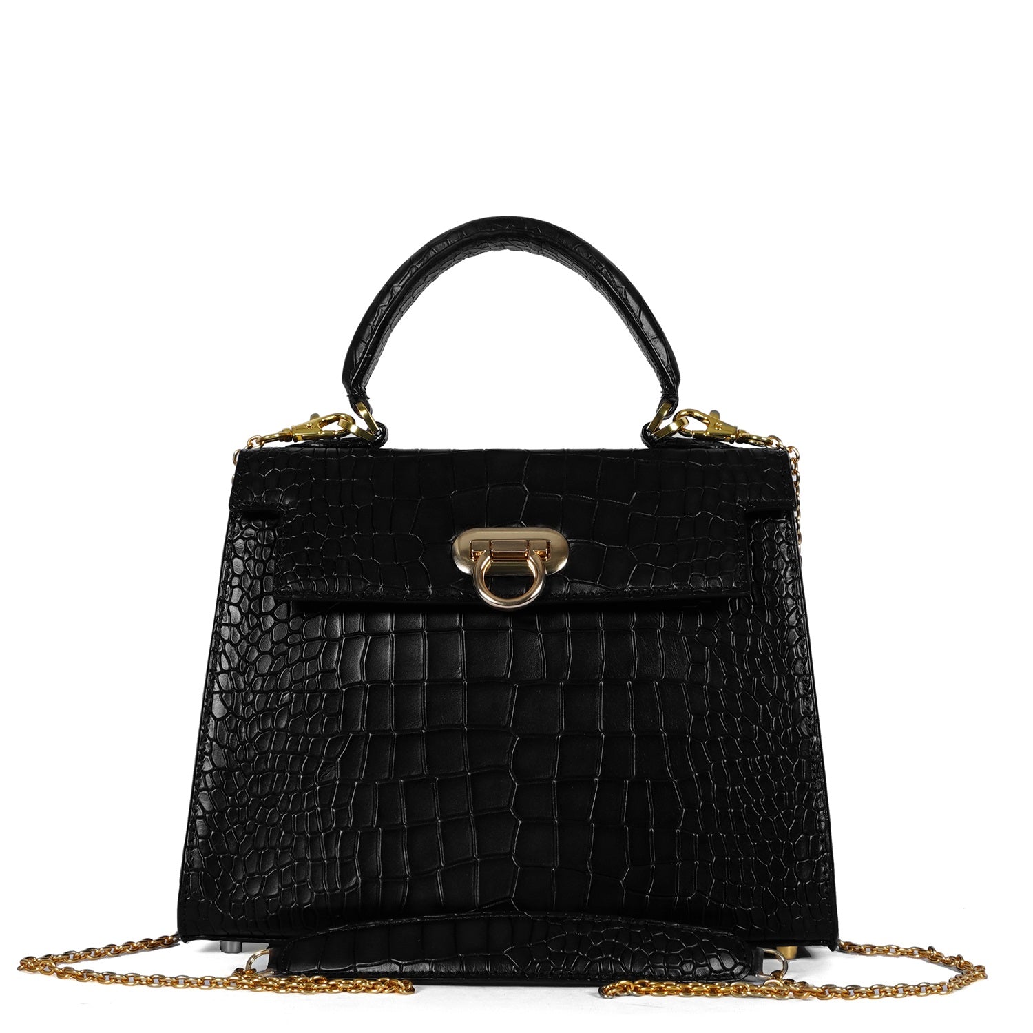 Medium Sized Black Handbag in Deep Cut Leather