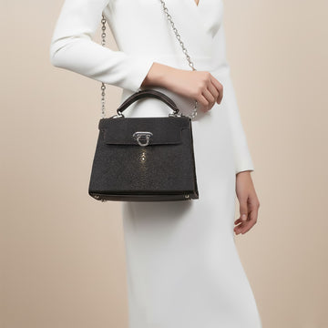 Medium Sized Premium Structured Brown Handbag in Stingray Leather