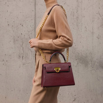 Medium Sized Wine Pebbled Leather Handbag