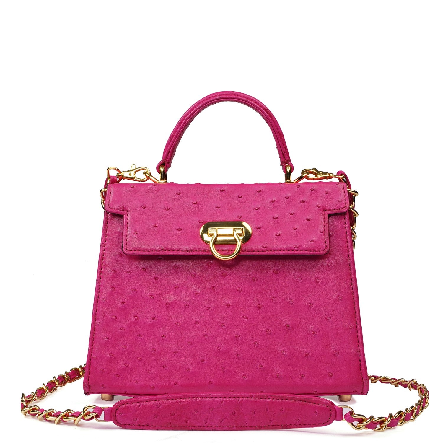 Medium Sized Premium Structured Pink Handbag in Real Ostrich Leather