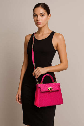 Medium Sized Premium Structured Pink Handbag in Real Ostrich Leather