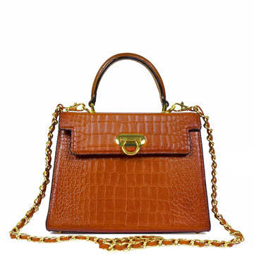 Medium Sized Tan Croco Embossed Leather Handbag