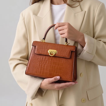 Medium Sized Tan Croco Embossed Leather Handbag